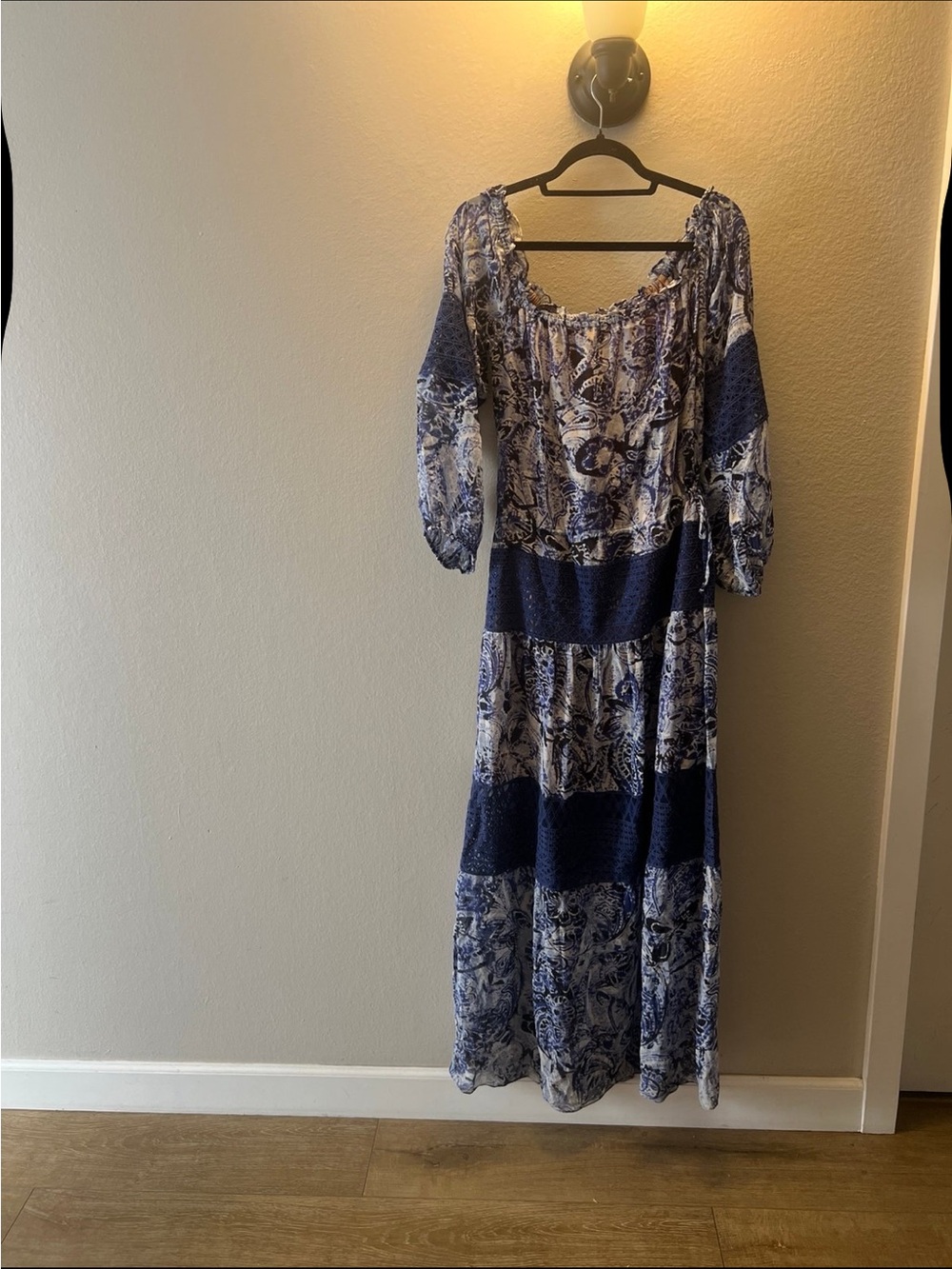 BCBGMaxAzria Blue and White Printed Tiered Maxi Dress